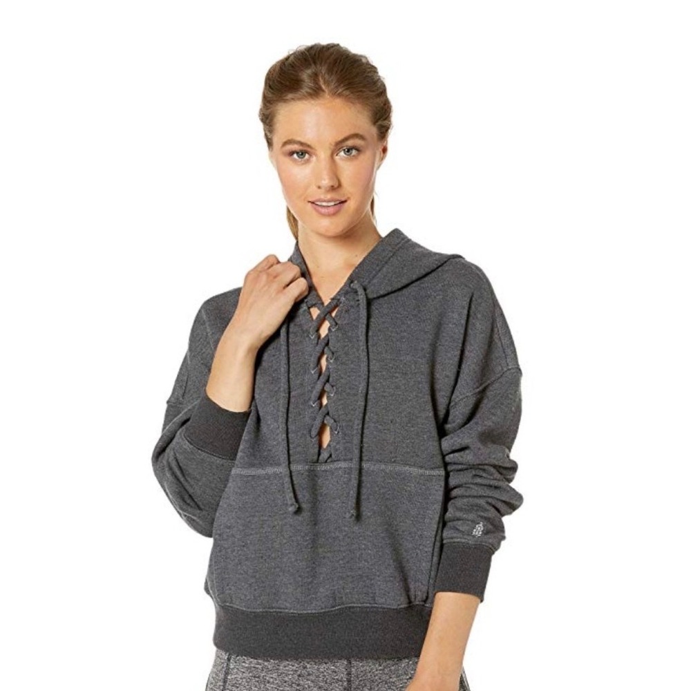 Free People Movement Lace Up Hoodie Charcoal Gray Heather Cropped Sweatshirt S